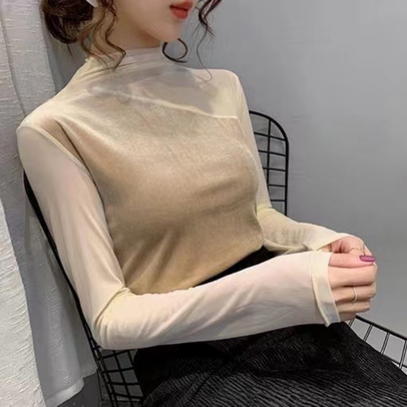 TT / Áo sơ mi cổ cao nửa đầu / Bên trong kiểu mới thu đông, khí chất và mỏng, áo sơ mi dài tay lưới khâu viền vàng nhung, áo sơ mi nữ phía trên