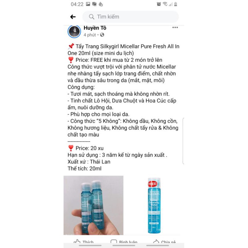 Tẩy Trang Silkygirl Micellar Pure Fresh All In One 20ml (size mini du lịch)
