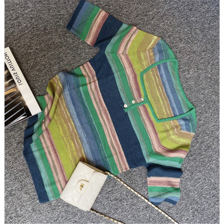 COZOK Áo Thun Dệt Kim Ngắn Tay Cổ Vuông Họa Tiết Sọc Cầu Vồng Cá Tính