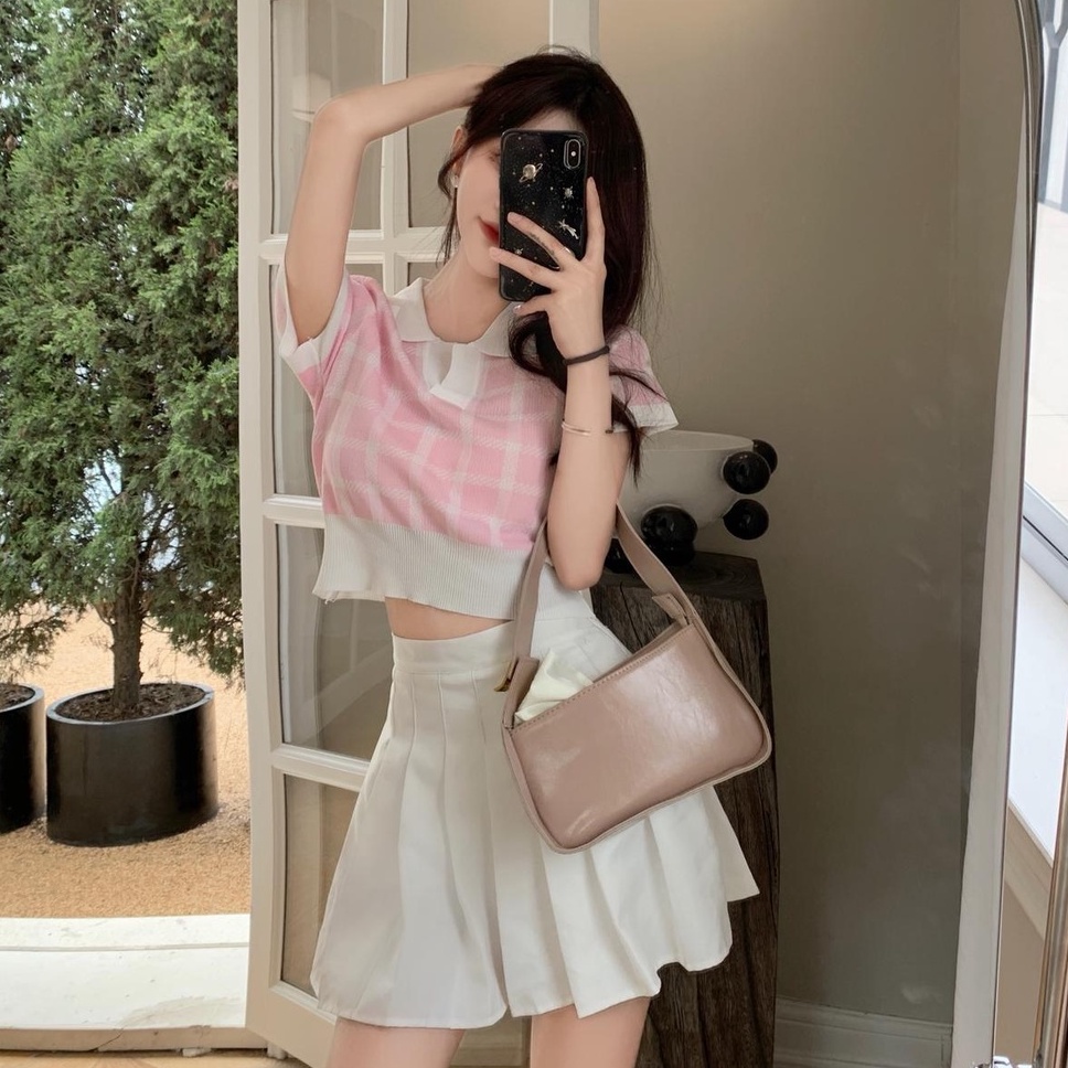 Áo thun tay ngắn cổ polo dệt kim eo cao thời trang Pháp