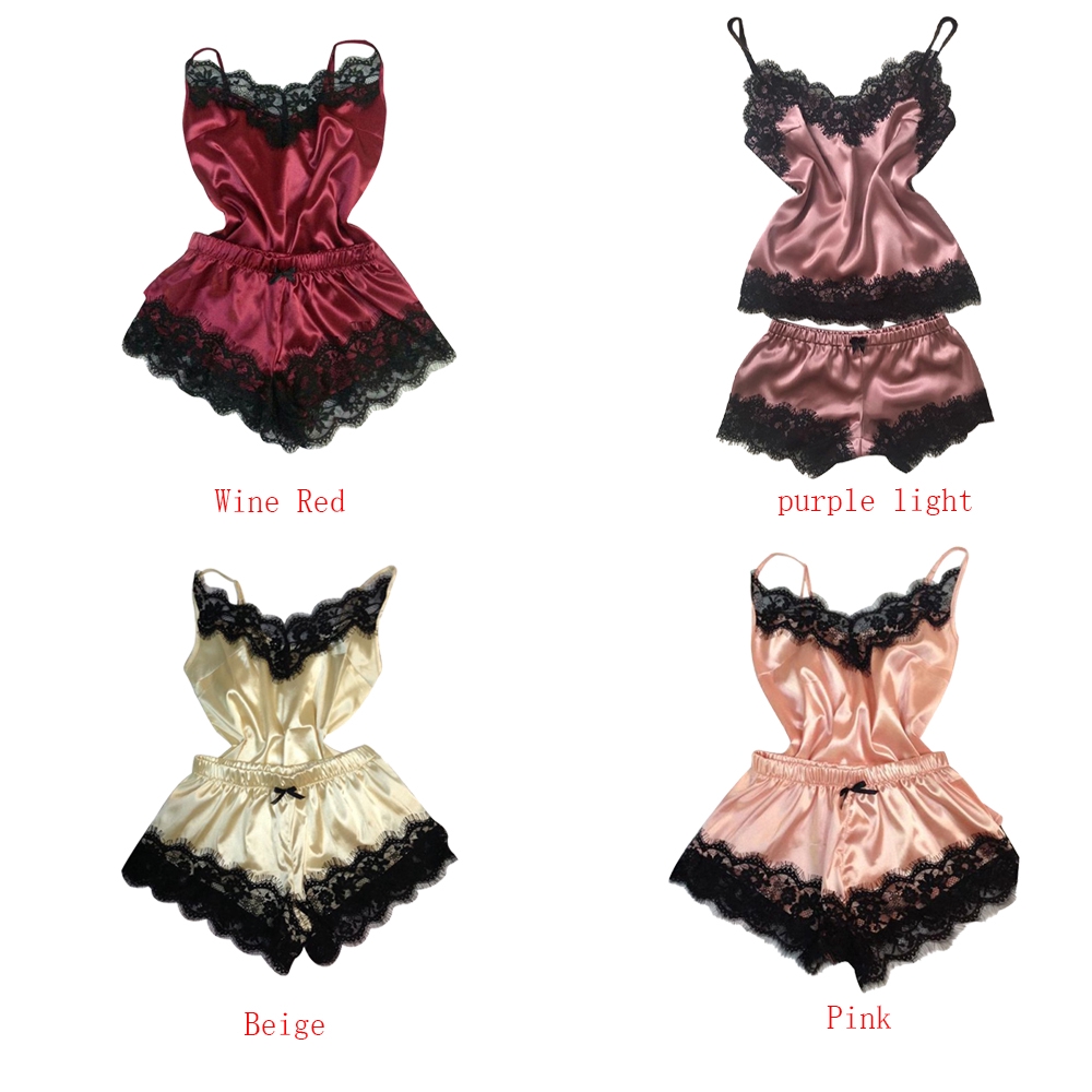 Set đồ ngủ vải satin hai dây phối ren gợi cảm cho nữ