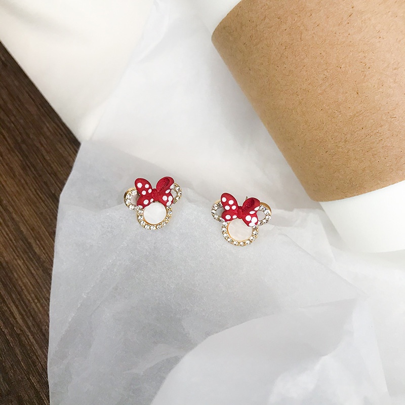 Bông tai bạc 925 hình chuột Mickey và nơ đỏ dễ thương