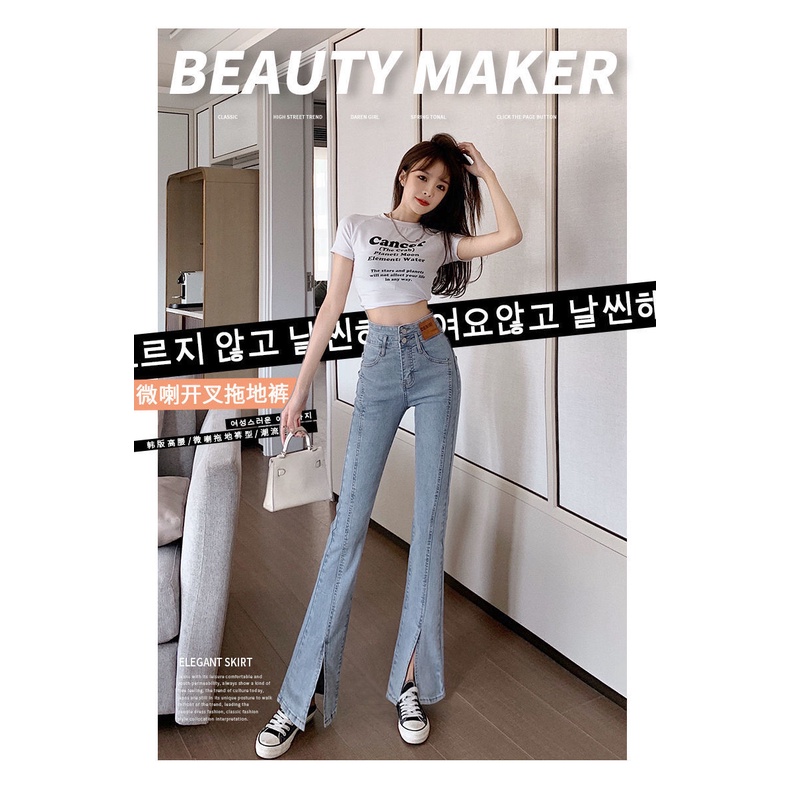 Quần Jean Ống Rộng Lưng Cao Xẻ Tà Phong Cách Mới