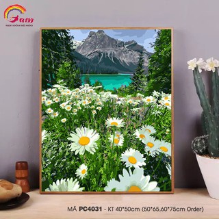 Tranh tự tô màu theo số sơn dầu số hóa phong cảnh hồ nước hoa cúc dại PC4031 - HaLa Store