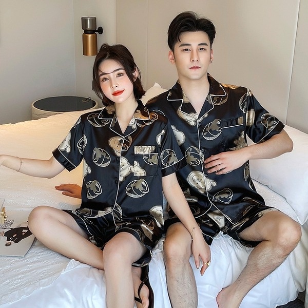Bộ Đồ Ngủ Lụa Satin Tay Ngắn Plus Size M-5XL Phong Cách Hàn Quốc Dành Cho Nam Và Nữ