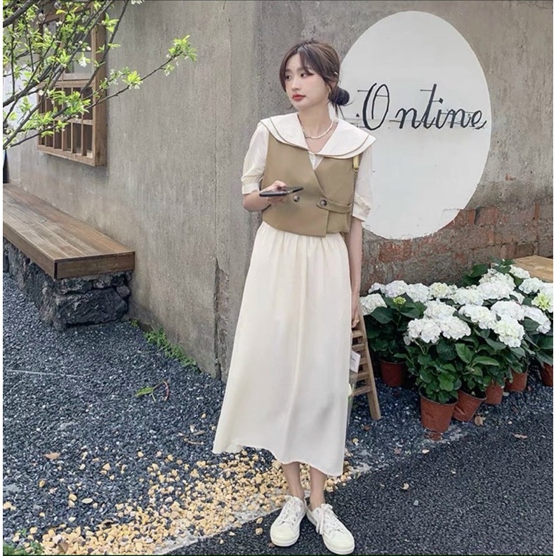 SET ĐẦM MIDI BBD CỔ SEN KÈM GILE NÂU