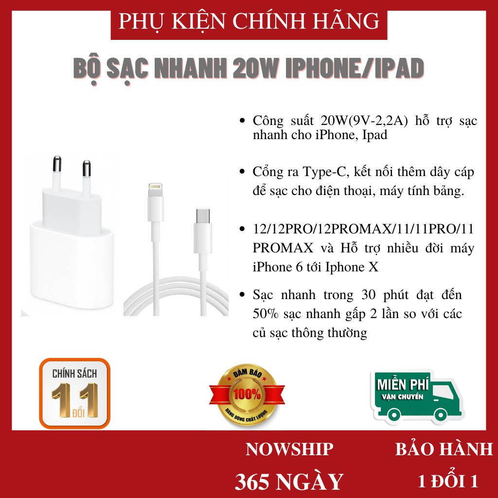 Bộ sạc nhanh 20W dành cho IP 1 ĐỔI 1