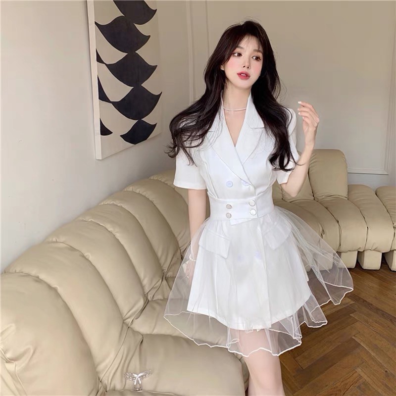 Đầm sơ mi cho nữ chân voan xoè ngắn tay cổ vest sang trọng