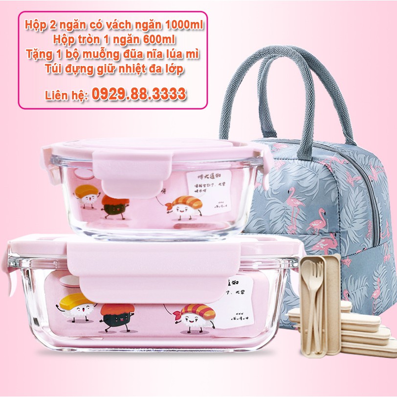 COMBO BỘ HỘP CƠM VĂN PHÒNG THỦY TINH GIỮ NHIỆT CHỊU NHIỆT ĐA CHỨC NĂNG KÈM TÚI VÀ ĐŨA THÌA