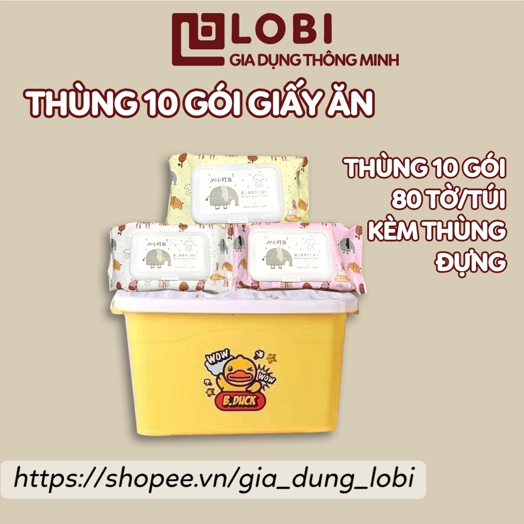 Thùng 10 gói giấy khăn ướt siêu dai mềm mịn không mùi (kèm thùng nhựa đựng)