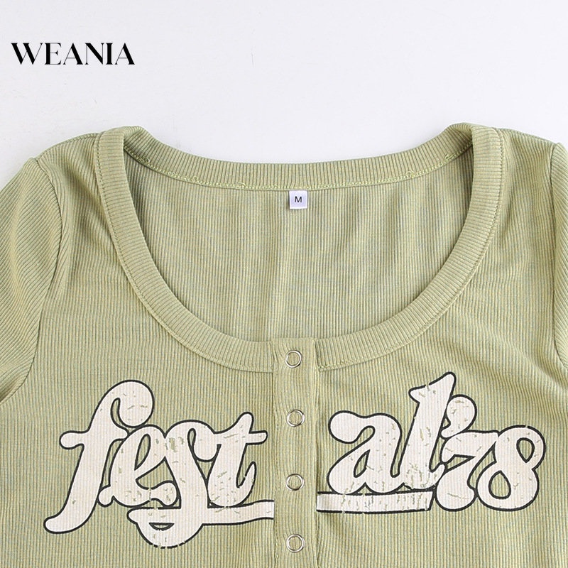 Áo Thun Ngắn Tay Cổ Chữ U In Chữ Phối Nút Phong Cách Retro Cho Nữ