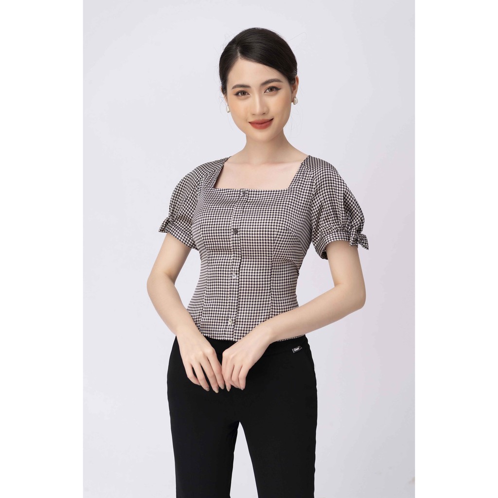 Áo sơ mi Croptop lụa kẻ răng sói nhỏ, tay đính nơ nhỏ ToSon-13071K11