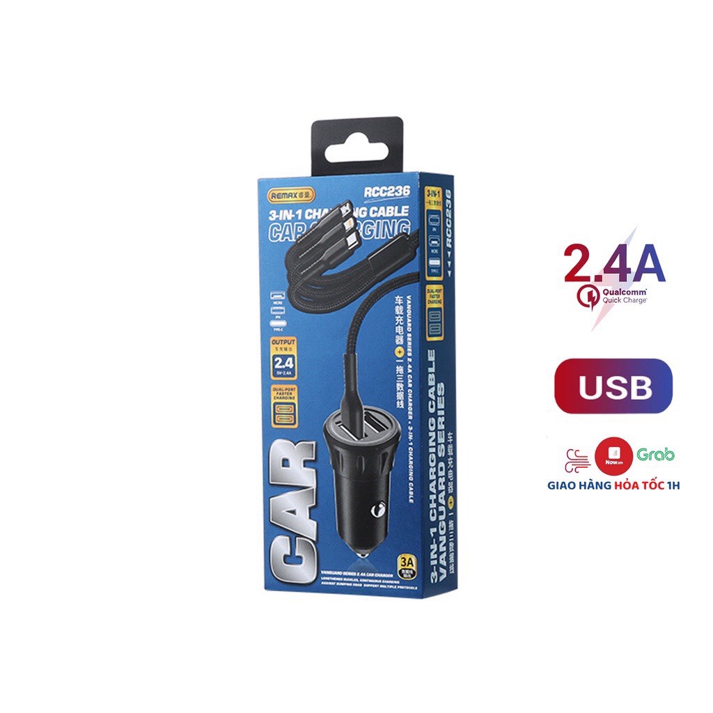 Bộ Tẩu sạc xe hơi + dây sạc 3 đầu chính hãng Remax RCC 236 hỗ trợ sạc 2 thiết bị cùng lúc tối đa 12w dùng cho các xe hơi