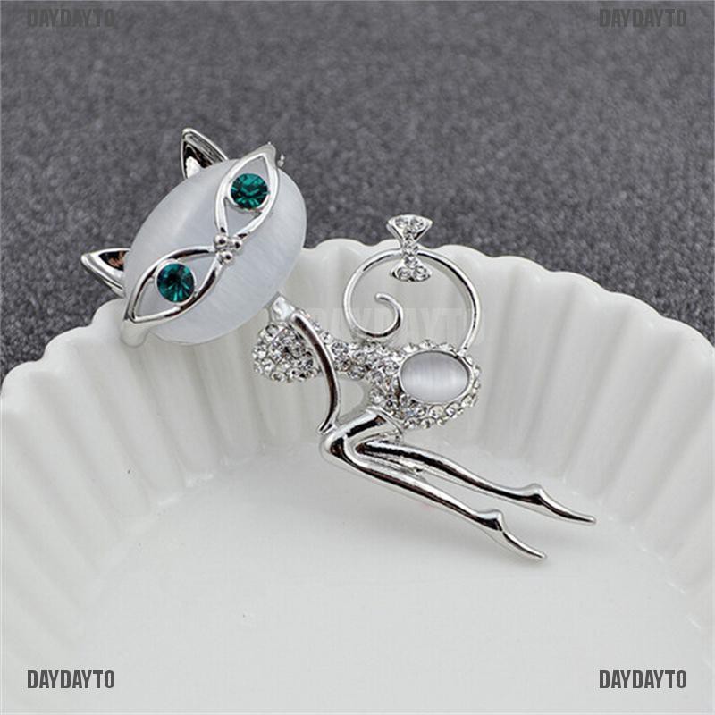 Ghim Cài Áo Hình Mèo Đính Đá Opal Dễ Thương