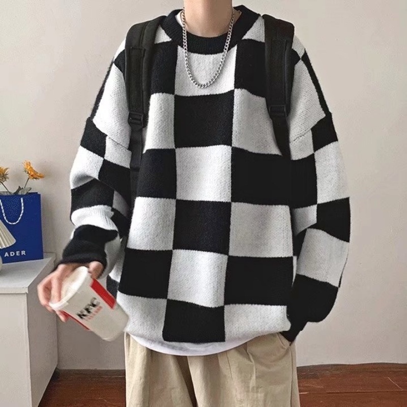 Áo sweater cổ tròn dáng rộng kẻ sọc ca rô phong cách Hàn Quốc retro thời trang cho cặp đôi