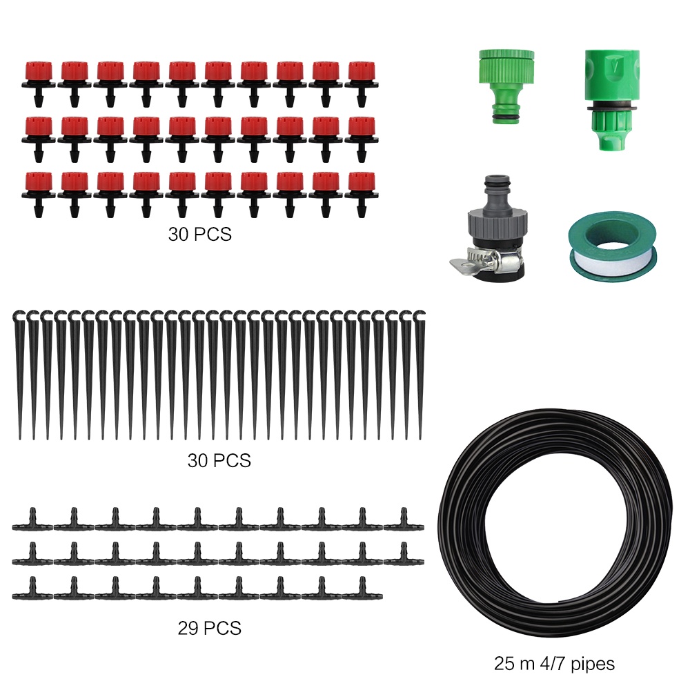 Ống 25M 4 / 7mm Hệ thống tưới nhỏ giọt tự động Bộ dụng cụ tưới nước tự động Bộ dụng cụ tưới nước có thể điều chỉnh Micro Sprinkler cho vườn