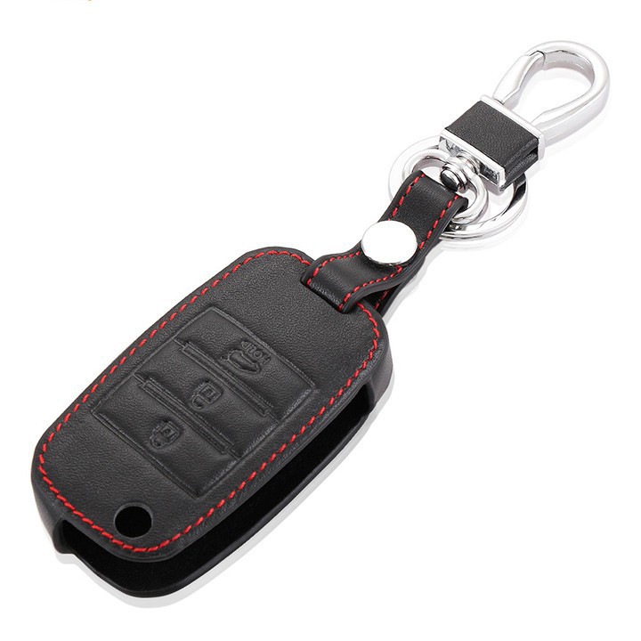Bao da chìa khóa đen chỉ đỏ Kia rio, Kia Morning, Kia K3 - bản chìa gập -kèm móc khóa
