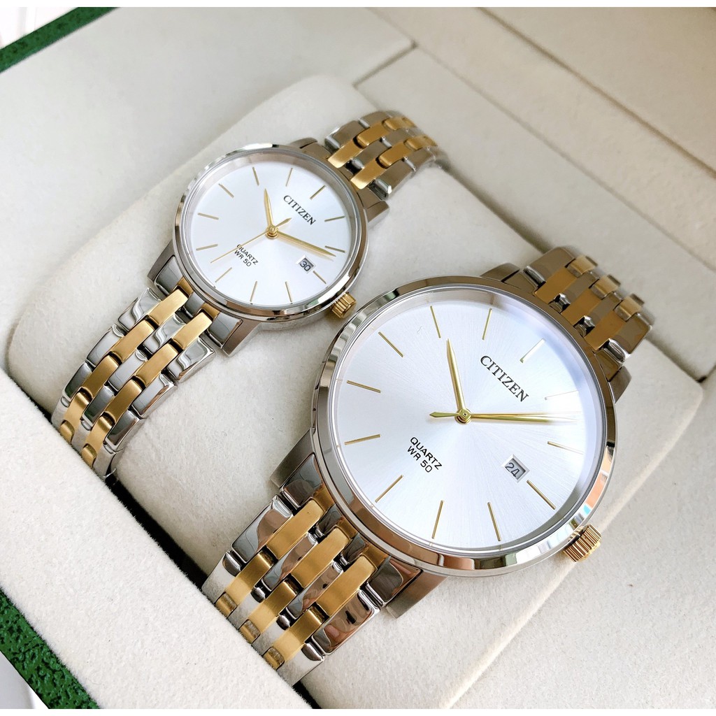 Đồng hồ đôi chính hãng Citizen BI5074-56A & EU6094-53A - Máy Quartz pin - Kính khoáng cường lực