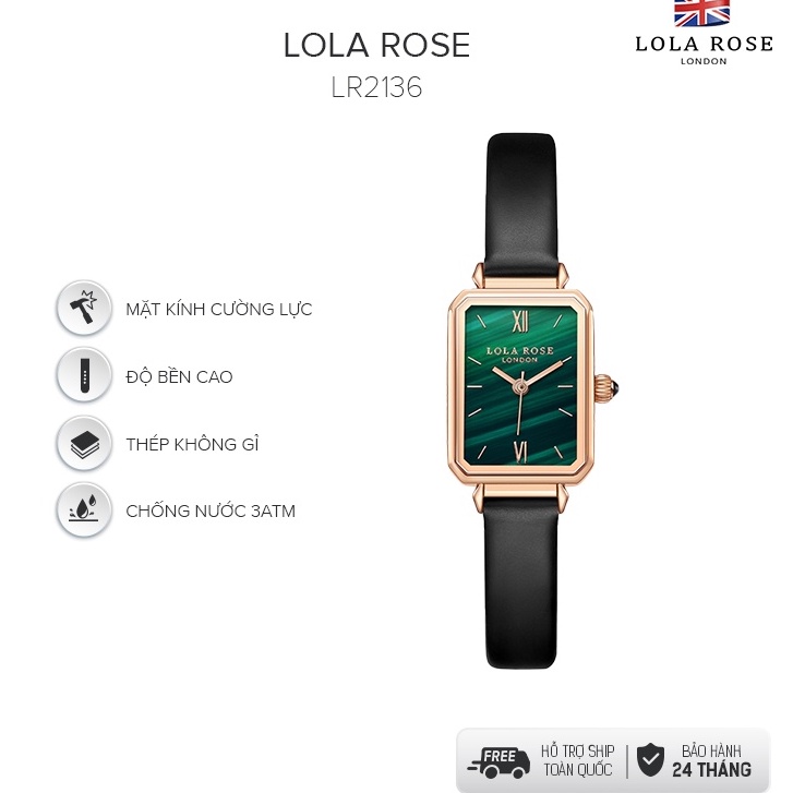 Đồng hồ nữ dây da Lolarose mặt chữ nhật đá malachite may mắn dây đeo thoát hơi tốt LR2136