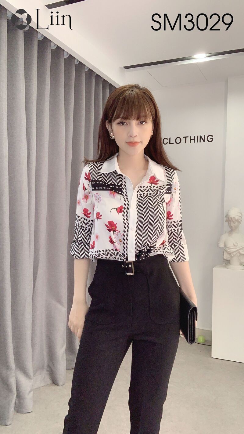 Áo sơ mi nữ công sở Linbi họa tiết hoa văn xinh xắn liin clothing SM3029