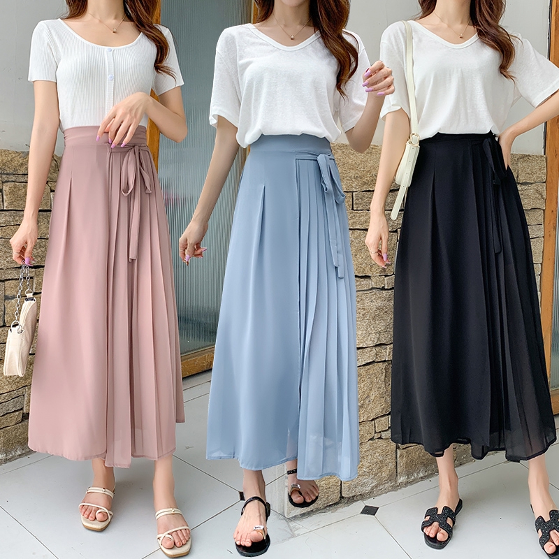 Quần Voan Ống Rộng Xếp Ly Thắt Dây Phong Cách Hàn Quốc Size S-Xl2021