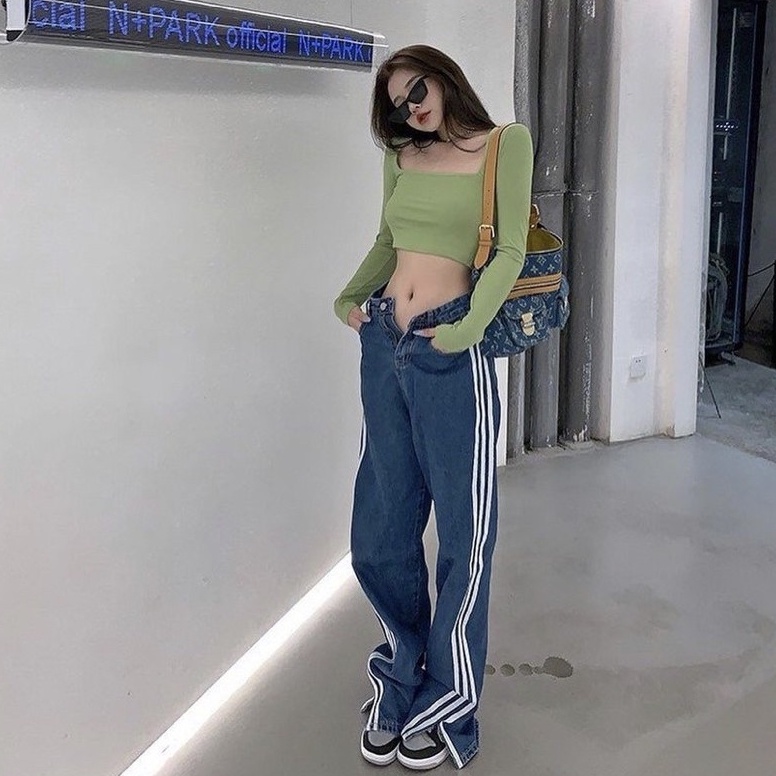 Quần Jeans Dài 3 Sọc Trắng Ống Suông  Quần Bò Jean Nữ Ba Sọc Hot Trend Ulzzang