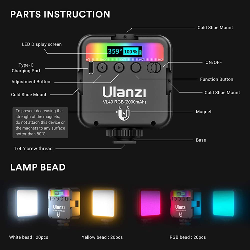 Đèn Led Studio mini Ulanzi VL49 RGB - Dãi nhiệt màu 2500 – 9000 3 Mode sáng