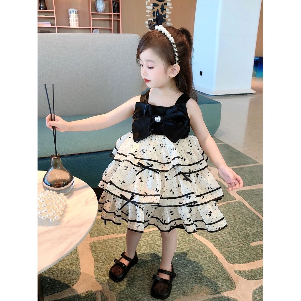 Đầm Công Chúa Hai Dây Đính Nơ Phong Cách Lolita Cho Bé Gái