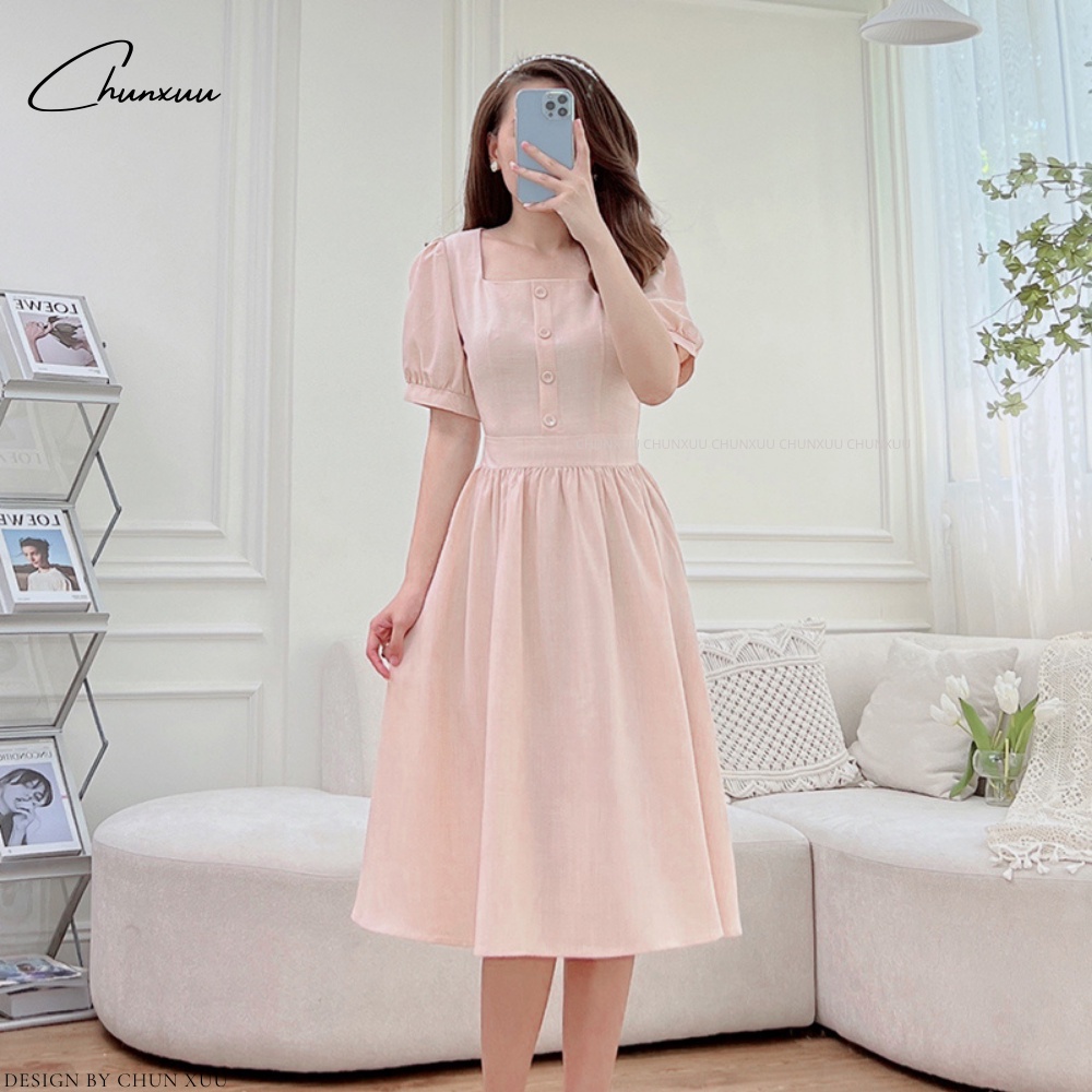 Váy nữ cổ vuông dáng xòe thiết kế thanh lịch chất vải đẹp ChunXuu V09
