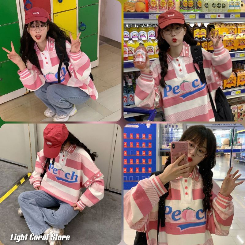 (ORDER) Áo polo ulzzang nữ nỉ da cá kẻ màu trắng hồng in hình Pe🍑ch đáng yêu kiểu Hàn Quốc có size
