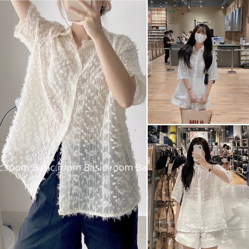 Áo sơ mi xuyên thấu họa tiết thêu nổi form rộng dáng unisex - áo sơ mi mùa hè phong cách hàn quốc cao cấp