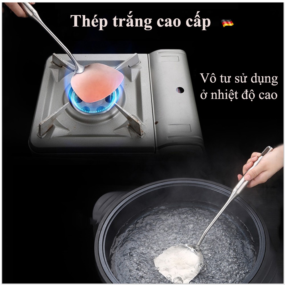 Bộ dụng cụ nhà bếp 6 món Inox cao cấp - Muỗng cán dài, muôi múc canh, muỗng thủng, vá vớt mì, thìa lật