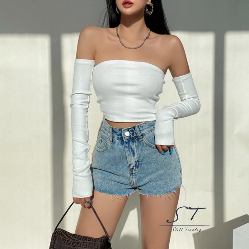 Áo croptop chui đầu tay dài cổ thuyền màu trơn màu trắng/xanh lá/tím thời trang mùa hè