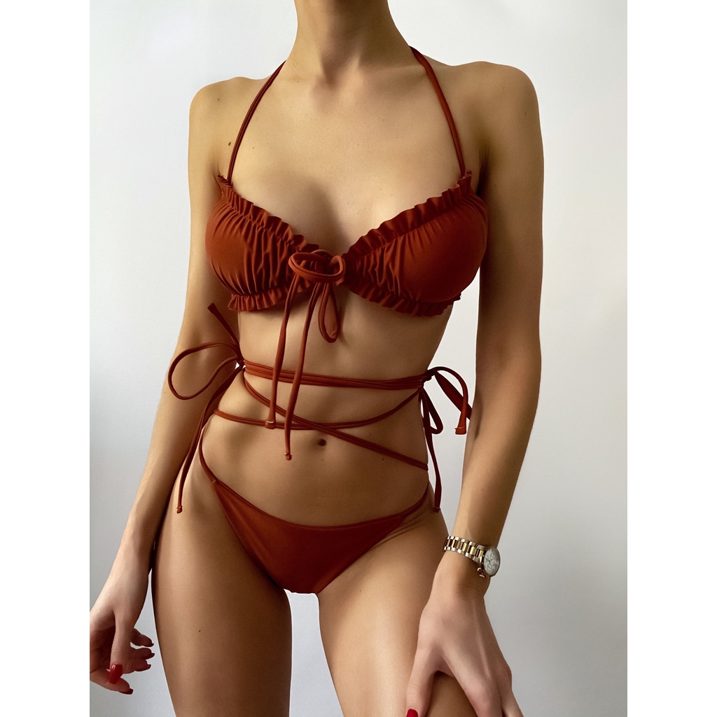 Bikini Tam Giác Dây Rút Kèm Váy Cover Up Dài Đi Biển Siêu Nâu Tây