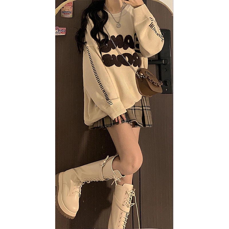Bộ Áo Sweater Cổ Tròn Kèm Chân Váy Lưng Cao 155cm Thời Trang Thu Đông Hàn Quốc Cho Nữ