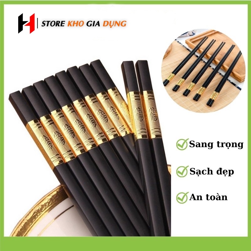 Hộp 10 Đôi Đũa Hợp Kim Mạ Vàng Hàn Quốc Cao Cấp Chống Trơn, Chống Trượt, Chống Mốc, Bền Mầu