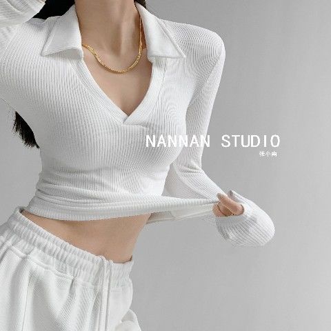 COZOK Áo kiểu polo COZOK tay dài cổ chữ V ôm dáng co giãn phong cách vintage quyến rũ dành cho nữ