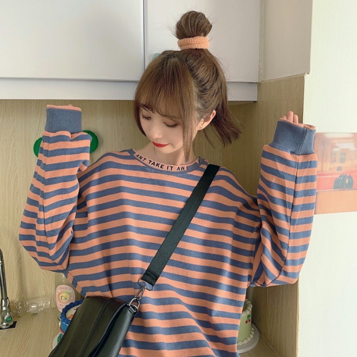 Áo Sweater Dài Tay Dáng Rộng Với Họa Tiết Sọc Ngang Xinh Xắn Theo Phong Cách Hàn Quốc
