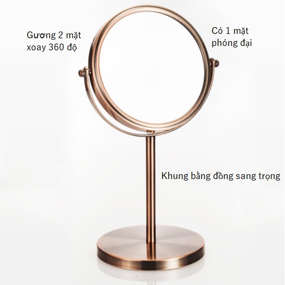 Gương trang điểm bằng đồng cỡ lớn - Gương để bàn inox 2 mặt xoay 360 độ zoom x2 loại xịn