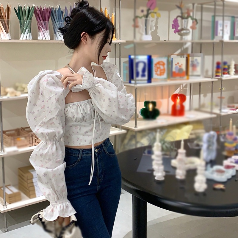 Áo croptop tay dài phồng cổ vuông in họa tiết hoa thời trang cho nữ