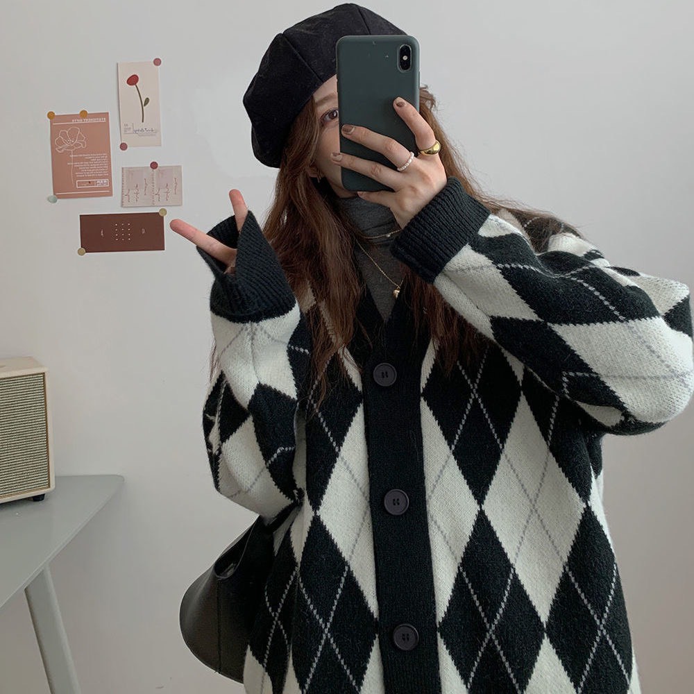  cardigan áo khoác len nữ ulzzang cổ chữ v áo len dáng rộng họa tiết kẻ caro - 108 | BigBuy360 - bigbuy360.vn