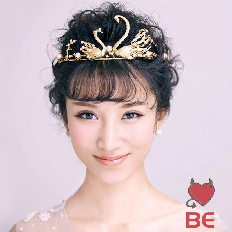 Vintage Bride Crown Women Swan Beads Decor Headdress Shining Princess Wedding Crown