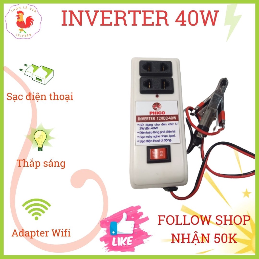 Bộ chuyển điện bình 12V lên 220V dùng cho các thiết bị điện dưới 40W,sạc điện thoại, thắp sáng,chạy Wifi