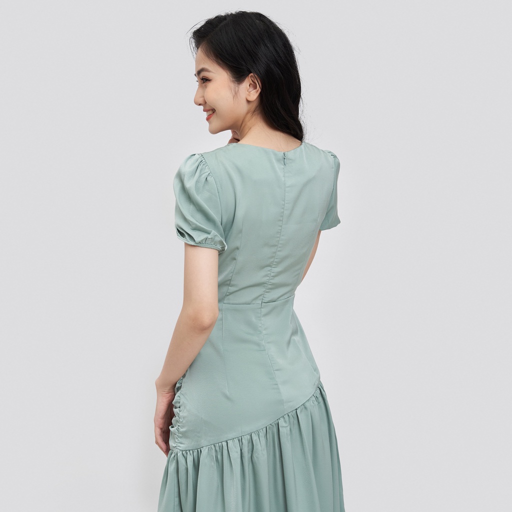 Váy đuôi cá dài tay bồng xếp ly nhún eo HECCI xanh ngọc cao cấp V96