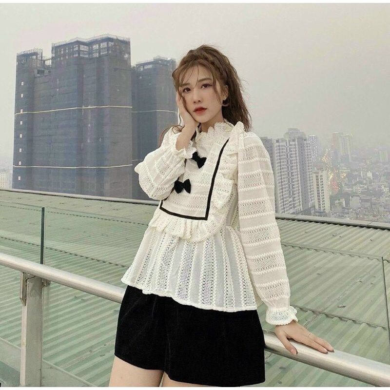 SET ÁO PELUM VIỀN REN ĐÍNH NƠ + CHÂN VÁY ĐEN