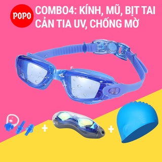 Kính bơi người lớn, kính bơi mắt trong kèm mũ bơi trơn, bịt tai kẹp mũi POPO2360 cản tia UV hạn chế sương mờ