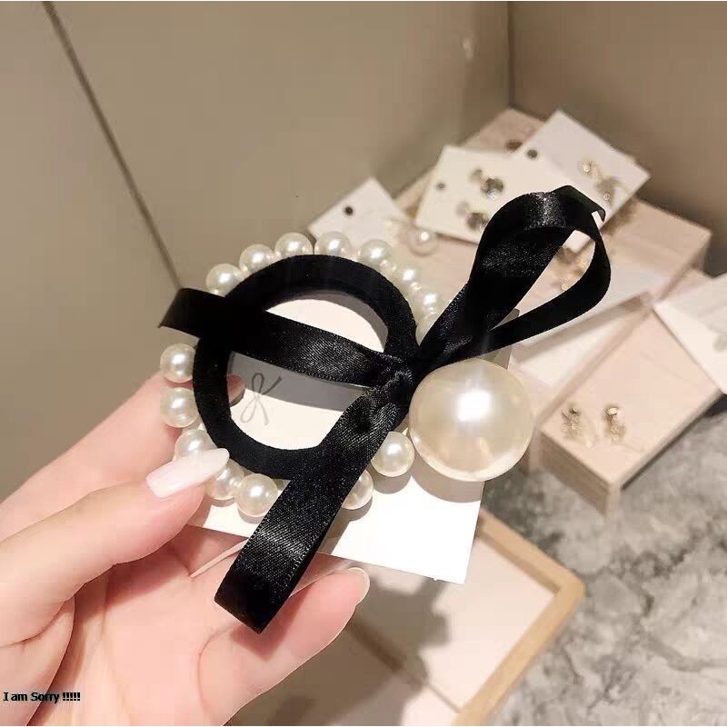 Cột tóc hạt châu trắng ruy băng đen giá rẻ nữ tính CT130