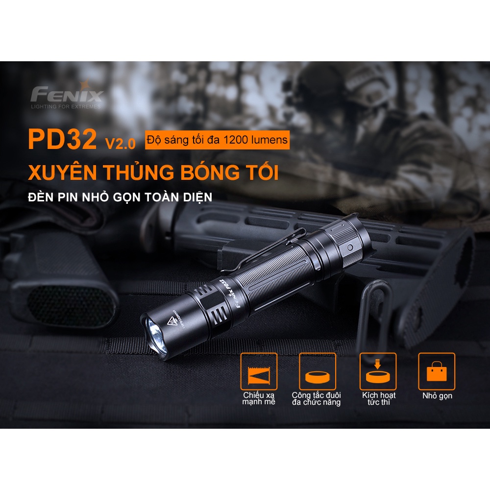 Đèn pin FENIX PD32 V2.0 độ sáng 1200 lm chiếu xa 395m sử dụng pin sạc 18650
