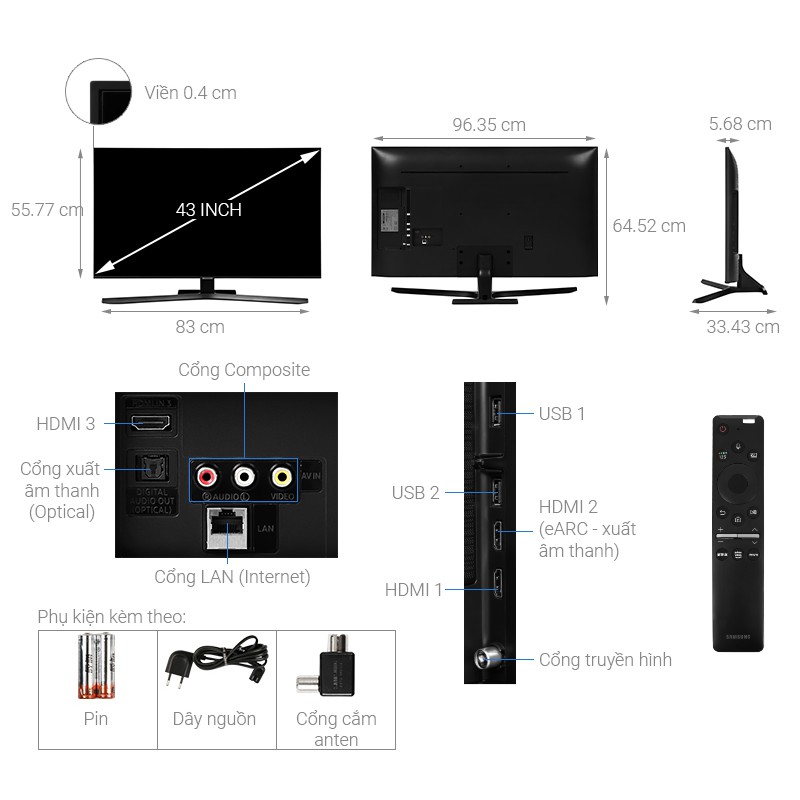 [Mã ELMALL100 giảm 100K đơn 5TR] Smart Tivi Samsung 4K 43 inch UA43TU8500