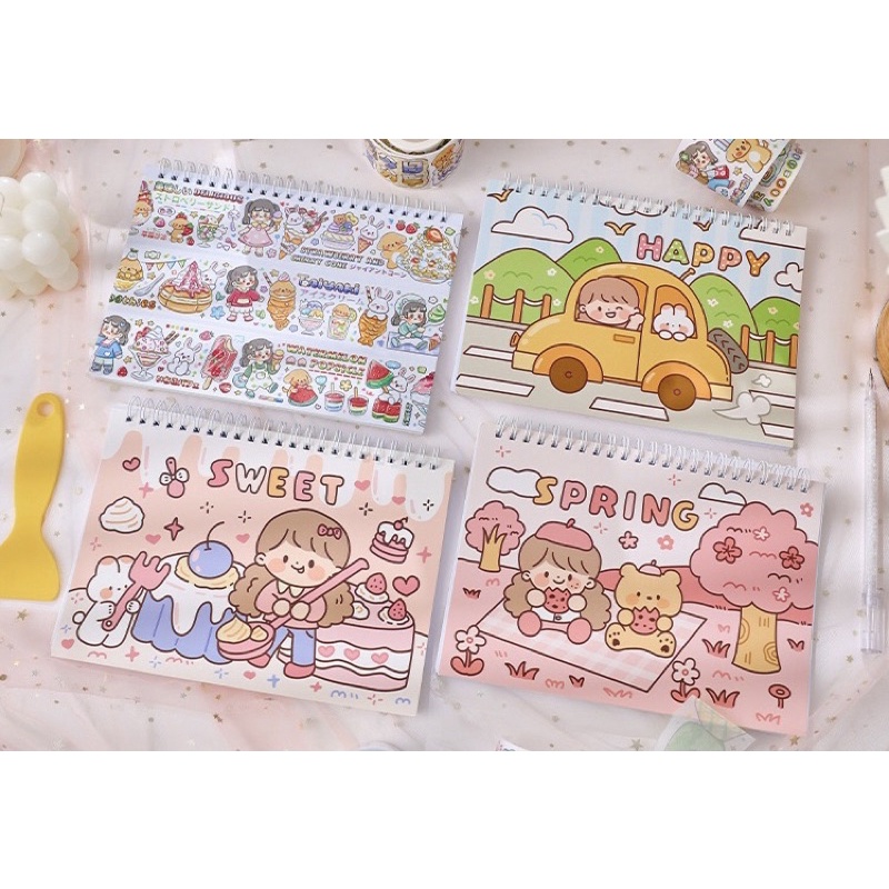 Sổ Chiết Washi Sticker Lò Xo 30 Tờ Hình Cô Gái Xinh Xắn